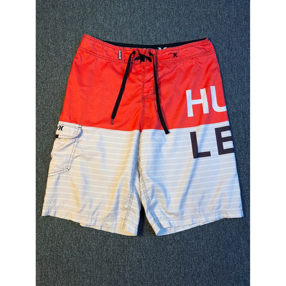 Hurley Mens Board Shorts Size 32 Red White Striped Logo Swim Trunks Cargo Pocket